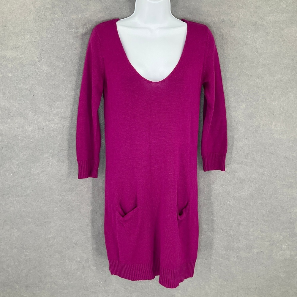 Express Sweater Dress Women's Sz M Magenta Purple Wool Blend 3/4 Sleeve‎ V Neck
